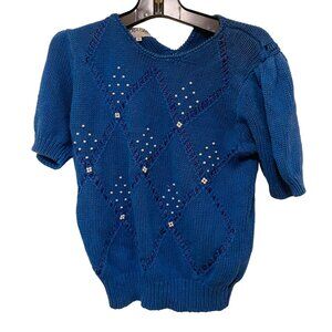 Vintage Andrea Gayle Womens Pullover Sweater Beaded Argyle Design Knitted Blue S